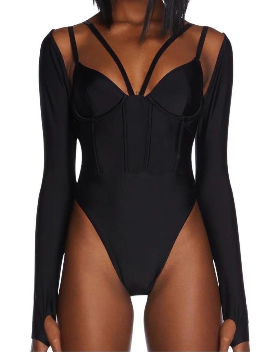 POSTER GIRL Black Long-Sleeve Strappy Bustier Bodysuit with Thumbholes